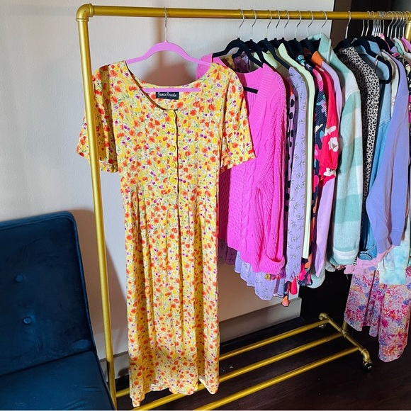 Vintage 90s Yellow Floral Midi Dress - Picture 3 of 13